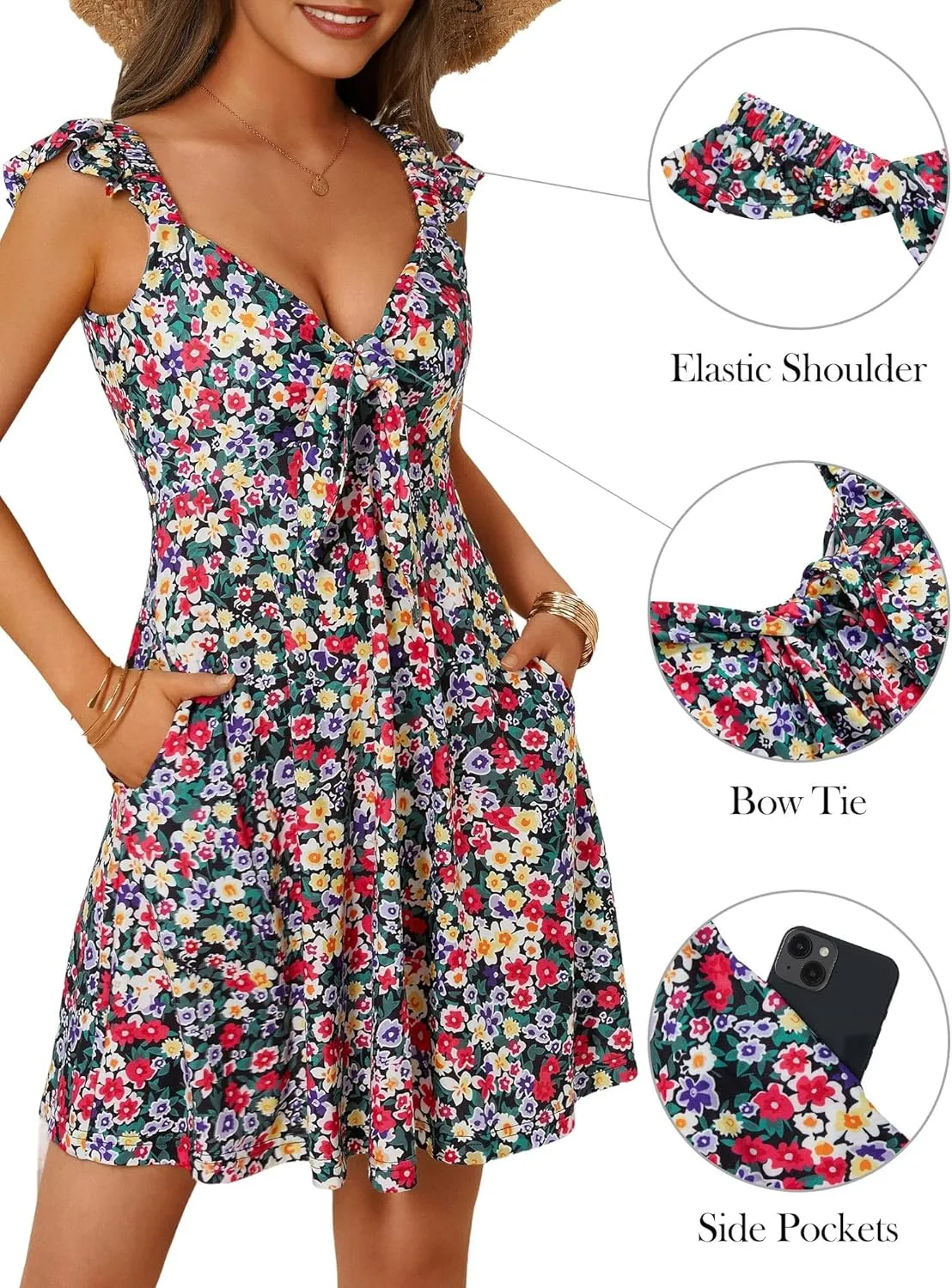 Loemes Women's Summer Casual Floral V Neck Sundresses with Pockets Cute Bow Tie Beach High Waist A-Line Mini Dress
