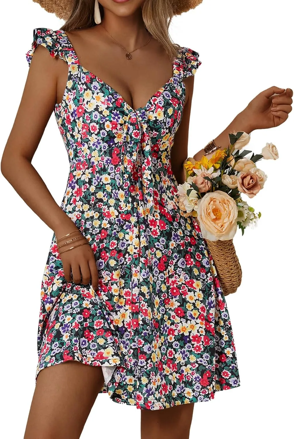 Loemes Women's Summer Casual Floral V Neck Sundresses with Pockets Cute Bow Tie Beach High Waist A-Line Mini Dress