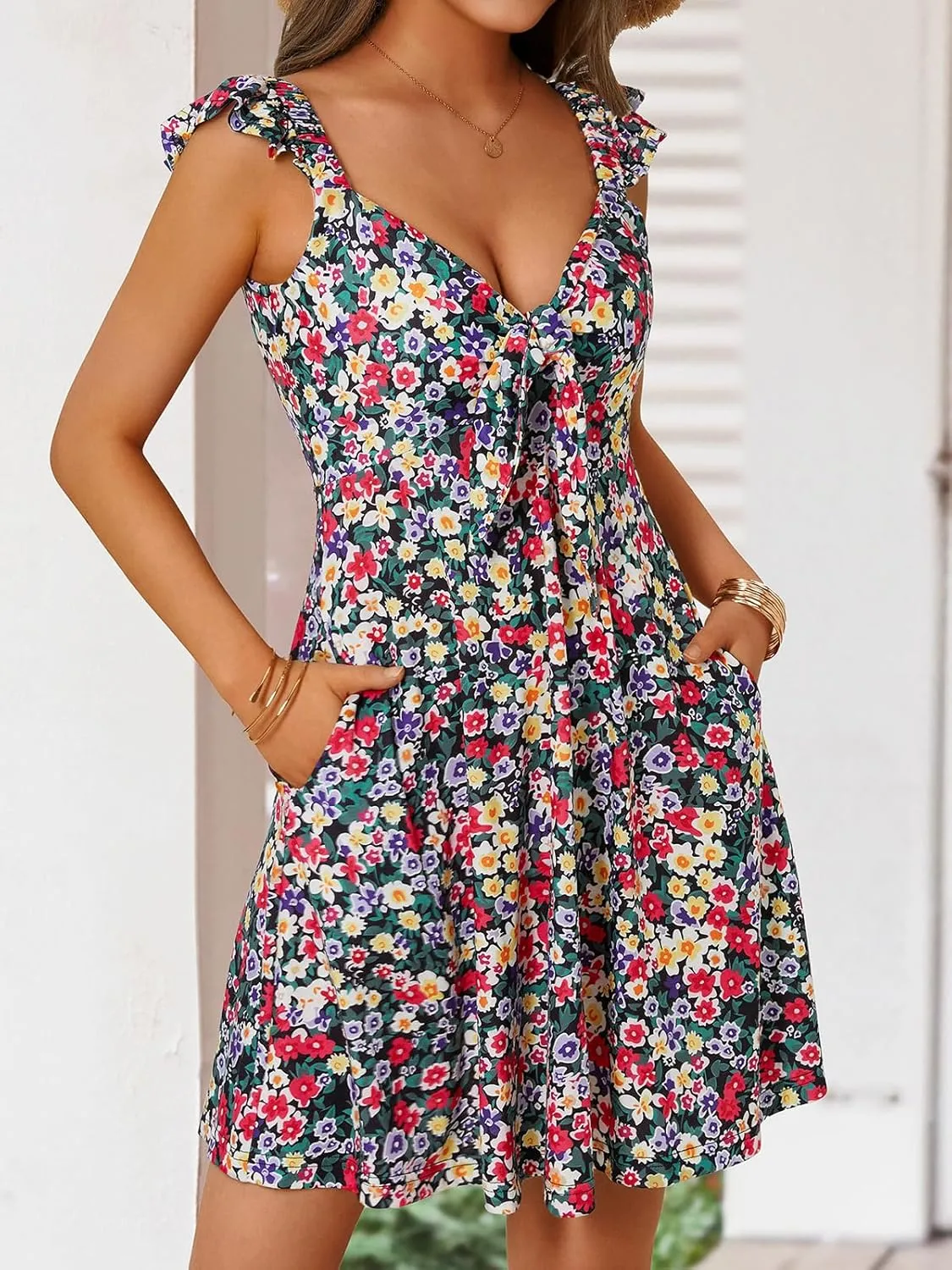 Loemes Women's Summer Casual Floral V Neck Sundresses with Pockets Cute Bow Tie Beach High Waist A-Line Mini Dress