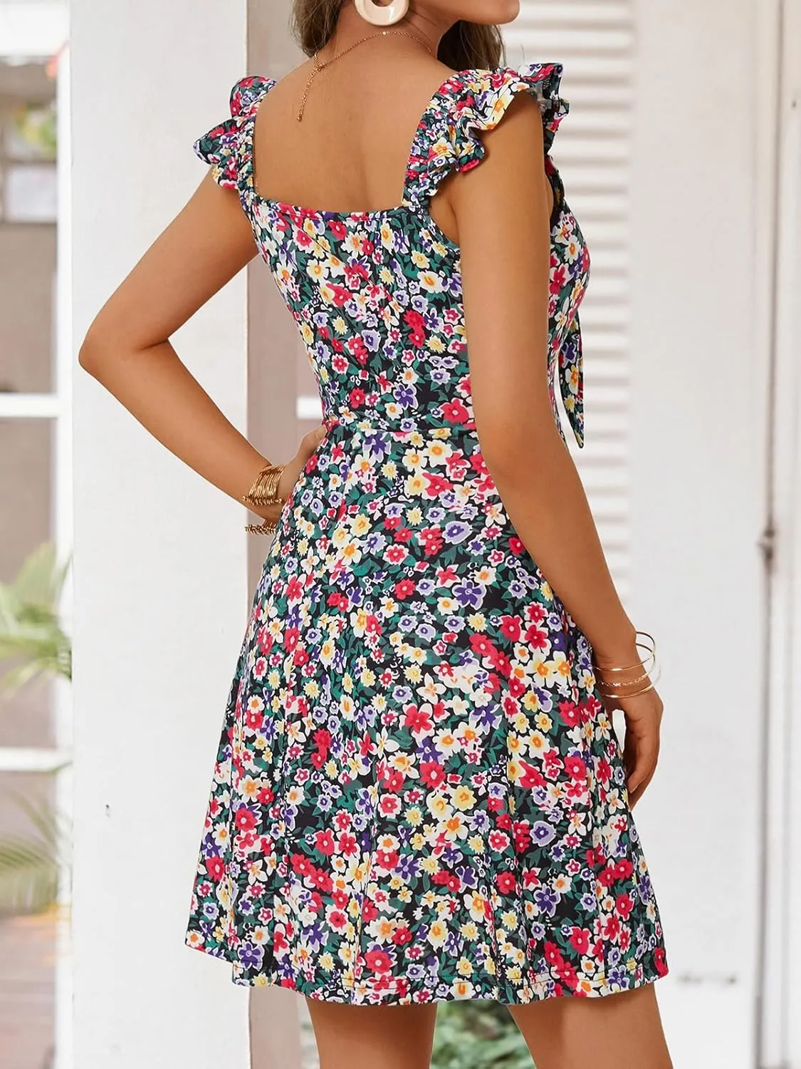 Loemes Women's Summer Casual Floral V Neck Sundresses with Pockets Cute Bow Tie Beach High Waist A-Line Mini Dress