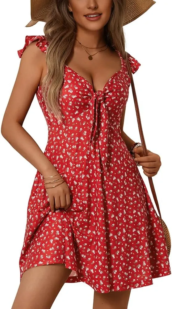 Loemes Women's Summer Casual Floral V Neck Sundresses with Pockets Cute Bow Tie Beach High Waist A-Line Mini Dress