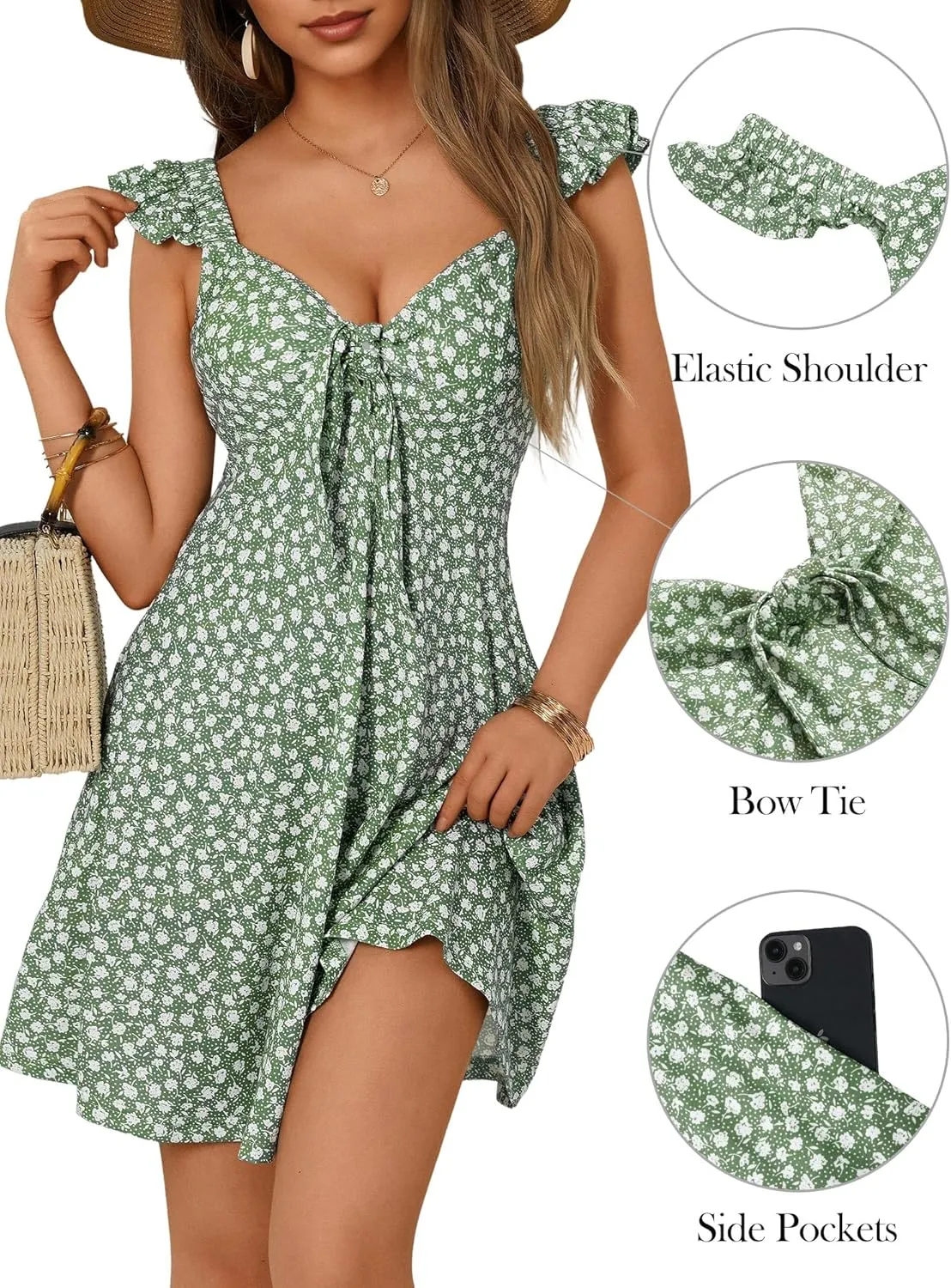 Loemes Women's Summer Casual Floral V Neck Sundresses with Pockets Cute Bow Tie Beach High Waist A-Line Mini Dress