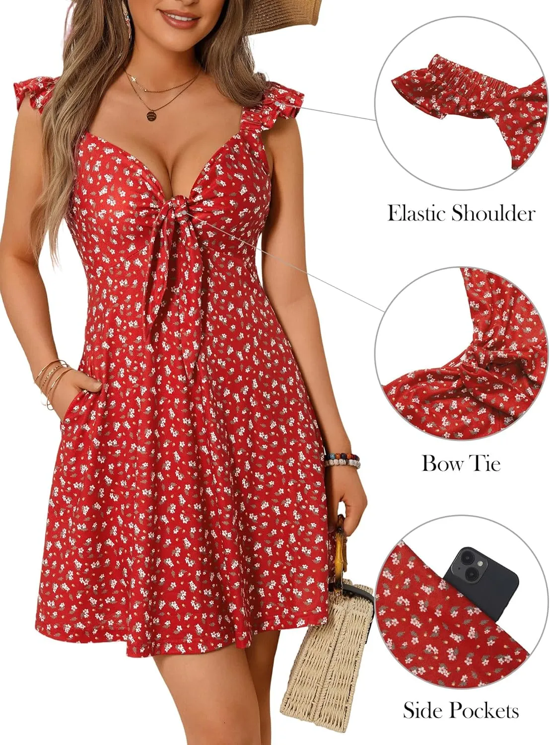 Loemes Women's Summer Casual Floral V Neck Sundresses with Pockets Cute Bow Tie Beach High Waist A-Line Mini Dress