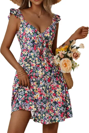 Loemes Women's Summer Casual Floral V Neck Sundresses with Pockets Cute Bow Tie Beach High Waist A-Line Mini Dress