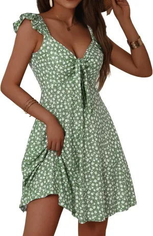 Loemes Women's Summer Casual Floral V Neck Sundresses with Pockets Cute Bow Tie Beach High Waist A-Line Mini Dress