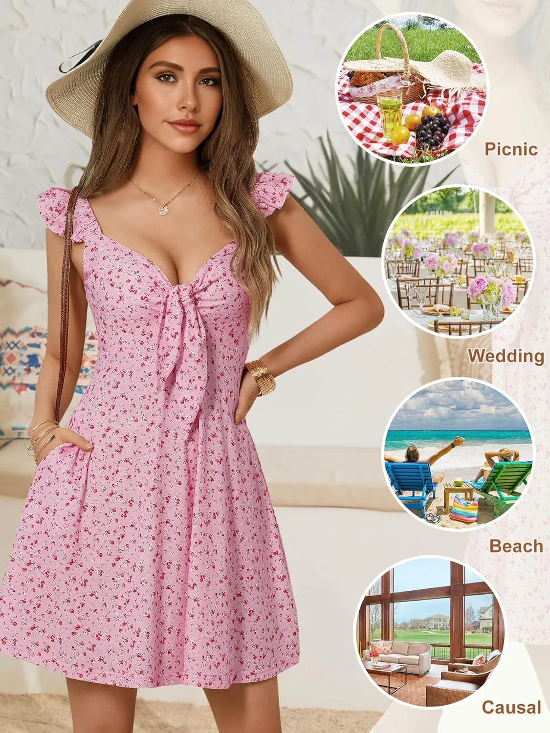 Loemes Women's Summer Casual Floral V Neck Sundresses with Pockets Cute Bow Tie Beach High Waist A-Line Mini Dress