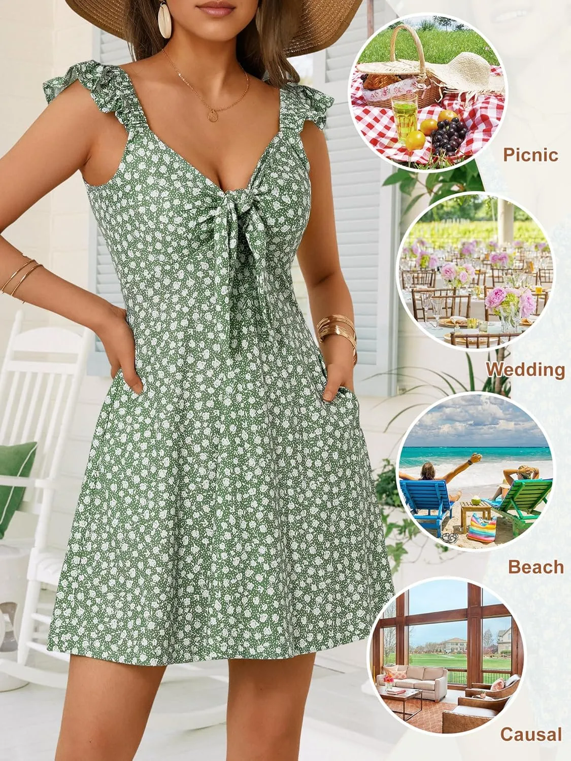 Loemes Women's Summer Casual Floral V Neck Sundresses with Pockets Cute Bow Tie Beach High Waist A-Line Mini Dress