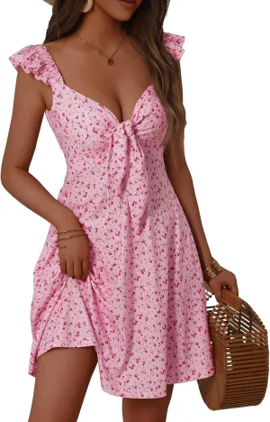 Loemes Women's Summer Casual Floral V Neck Sundresses with Pockets Cute Bow Tie Beach High Waist A-Line Mini Dress