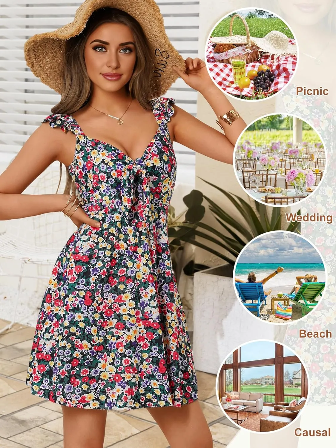 Loemes Women's Summer Casual Floral V Neck Sundresses with Pockets Cute Bow Tie Beach High Waist A-Line Mini Dress