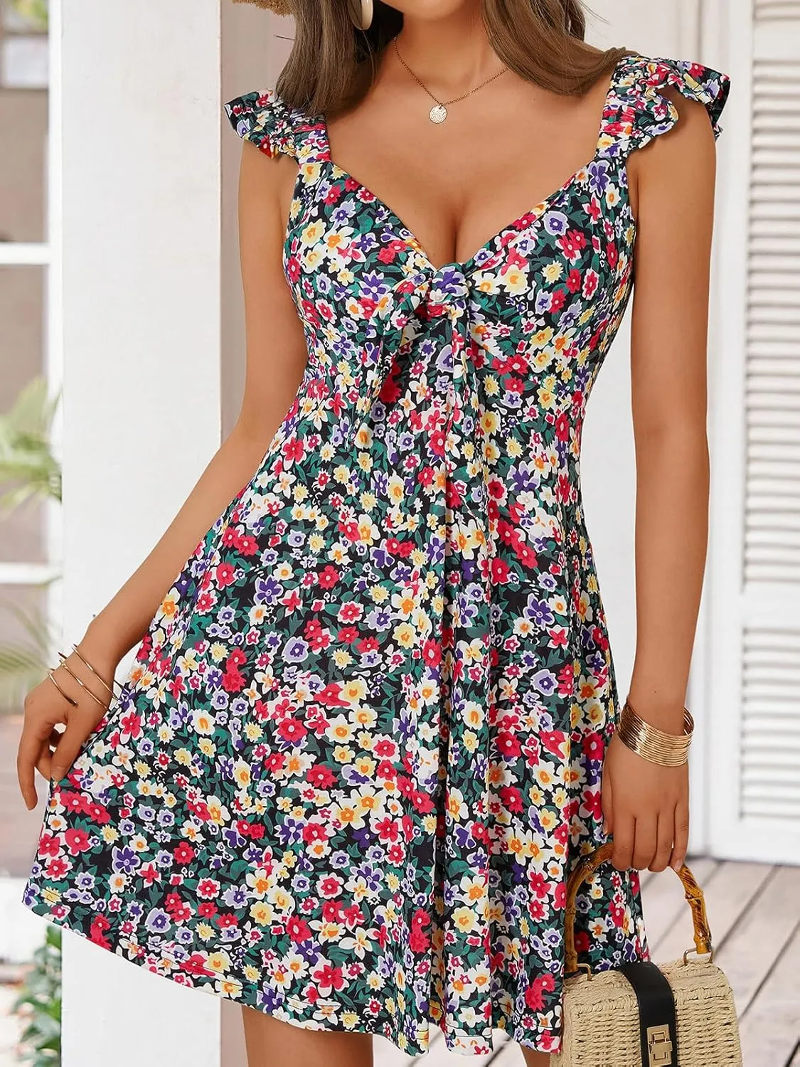 Loemes Women's Summer Casual Floral V Neck Sundresses with Pockets Cute Bow Tie Beach High Waist A-Line Mini Dress