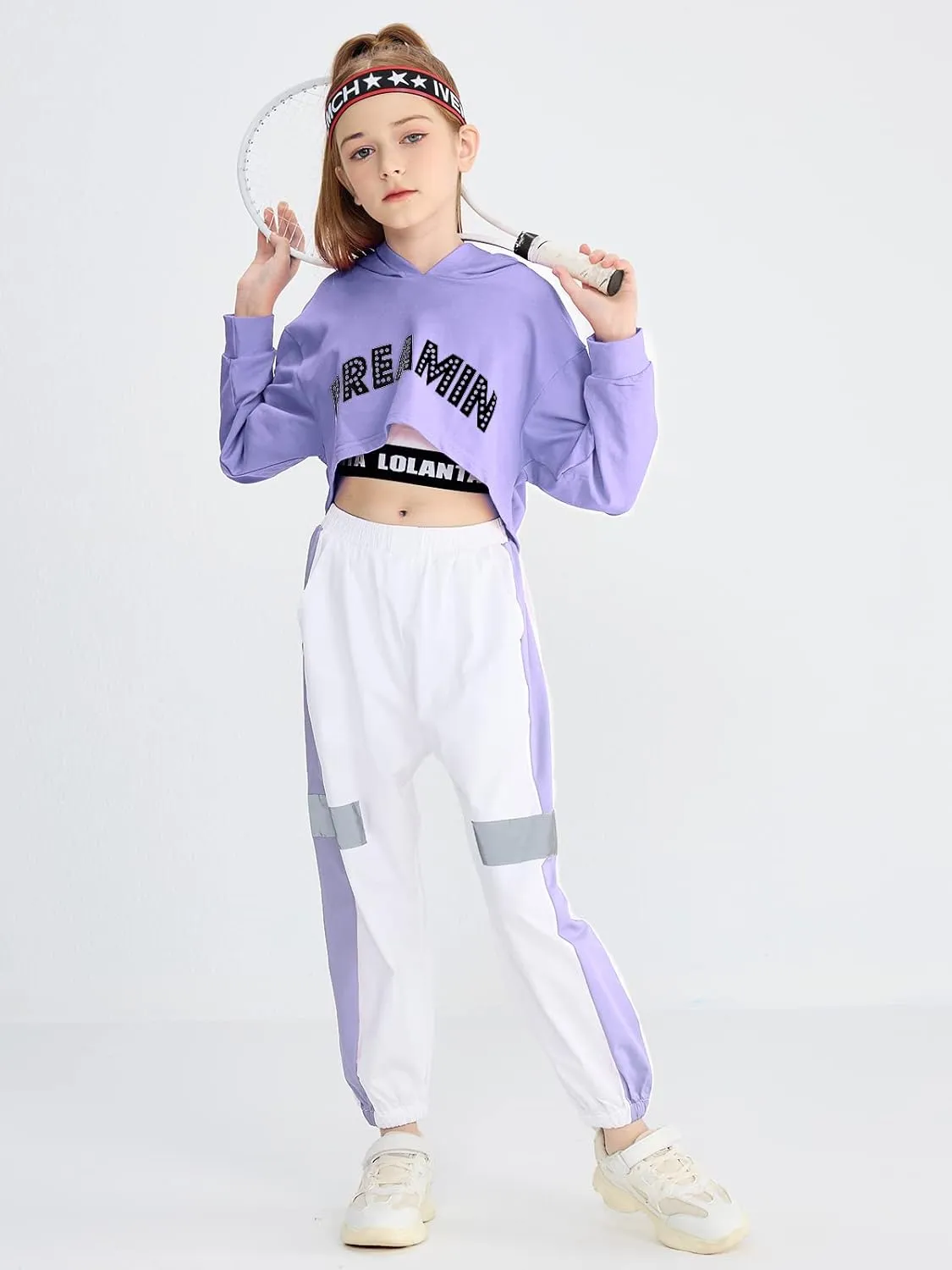 LOLANTA Girls 3 Piece Outfits Cropped Hoodie Tank Top Jogger Pants Set, Hip Hop Jazz Street Dance Skateboarding Clothes