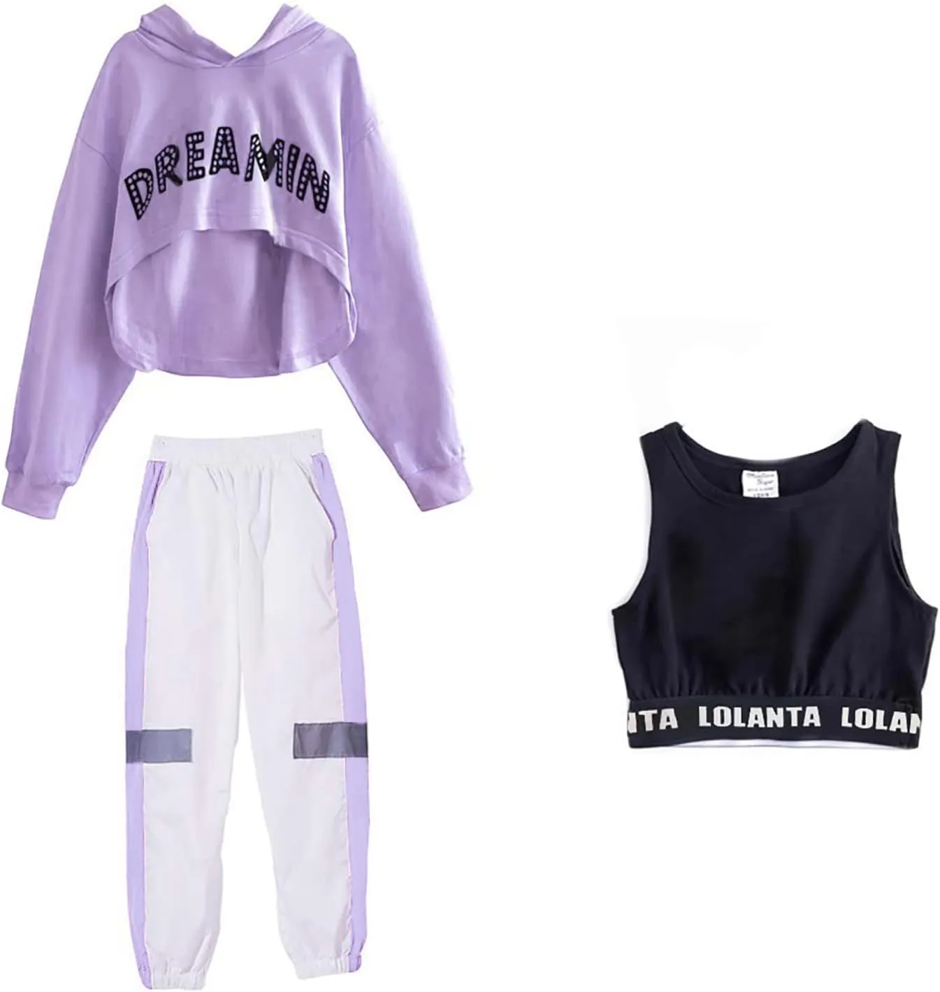 LOLANTA Girls 3 Piece Outfits Cropped Hoodie Tank Top Jogger Pants Set, Hip Hop Jazz Street Dance Skateboarding Clothes