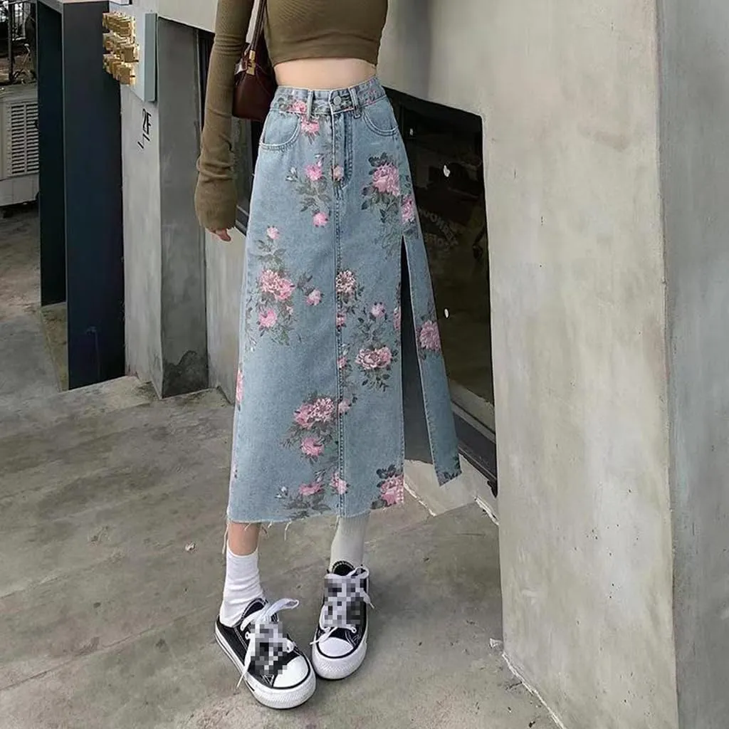 Long Denim Skirt Floral Print Side Slit Skirt Casual Non-stretch Mid Skirt Womens Long Skirts A Line High Waisted Skirt Blue, 3X-Large