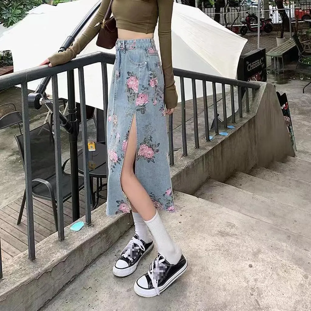 Long Denim Skirt Floral Print Side Slit Skirt Casual Non-stretch Mid Skirt Womens Long Skirts A Line High Waisted Skirt Blue, 3X-Large