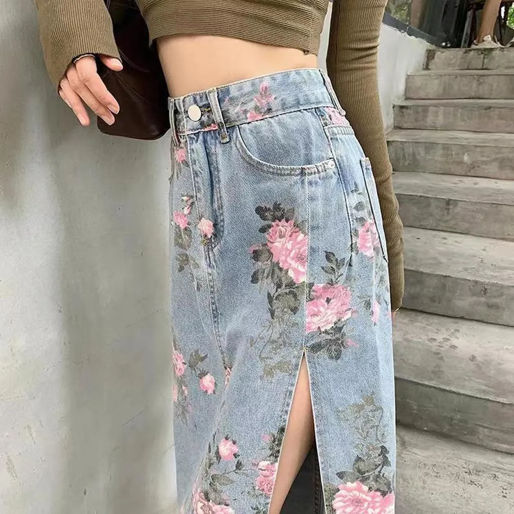 Long Denim Skirt Floral Print Side Slit Skirt Casual Non-stretch Mid Skirt Womens Long Skirts A Line High Waisted Skirt Blue, 3X-Large