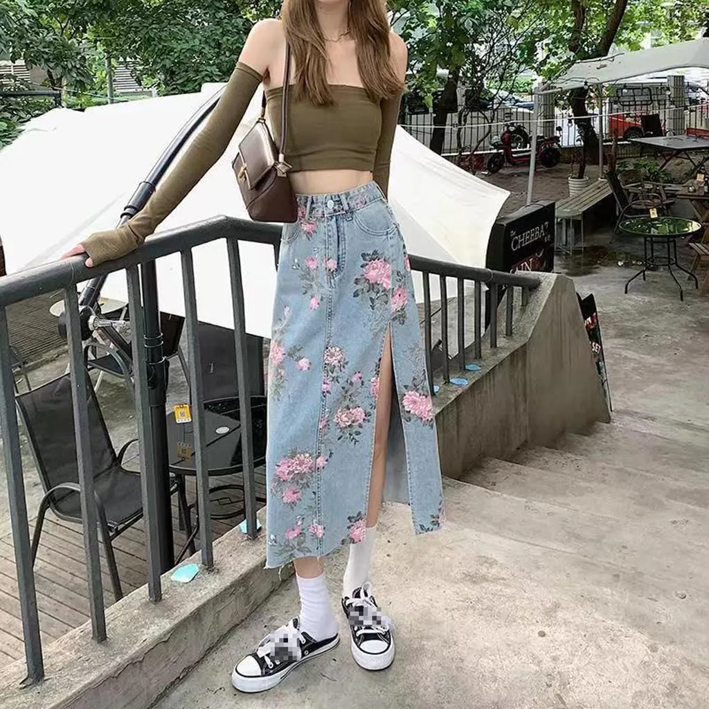 Long Denim Skirt Floral Print Side Slit Skirt Casual Non-stretch Mid Skirt Womens Long Skirts A Line High Waisted Skirt Blue, 3X-Large