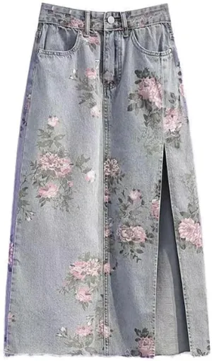 Long Denim Skirt Floral Print Side Slit Skirt Casual Non-stretch Mid Skirt Womens Long Skirts A Line High Waisted Skirt Blue, 3X-Large