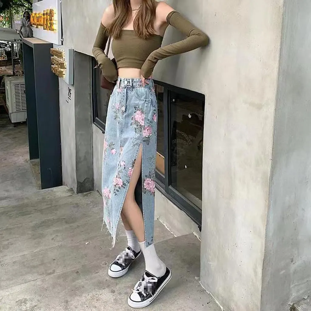 Long Denim Skirt Floral Print Side Slit Skirt Casual Non-stretch Mid Skirt Womens Long Skirts A Line High Waisted Skirt Blue, 3X-Large