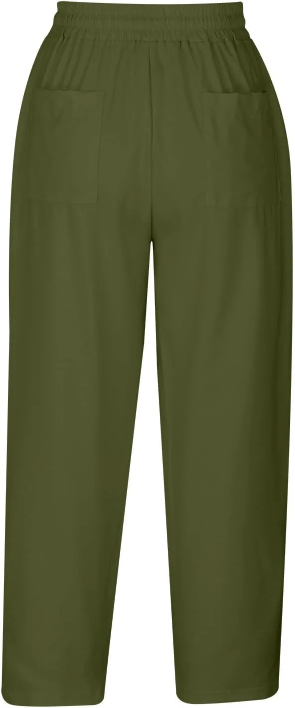 Loose Casual Harlan Pants for Women Drawstring Waist Wide Leg Lounge Pant Summer Casual Cropped Trousers with Pockets
