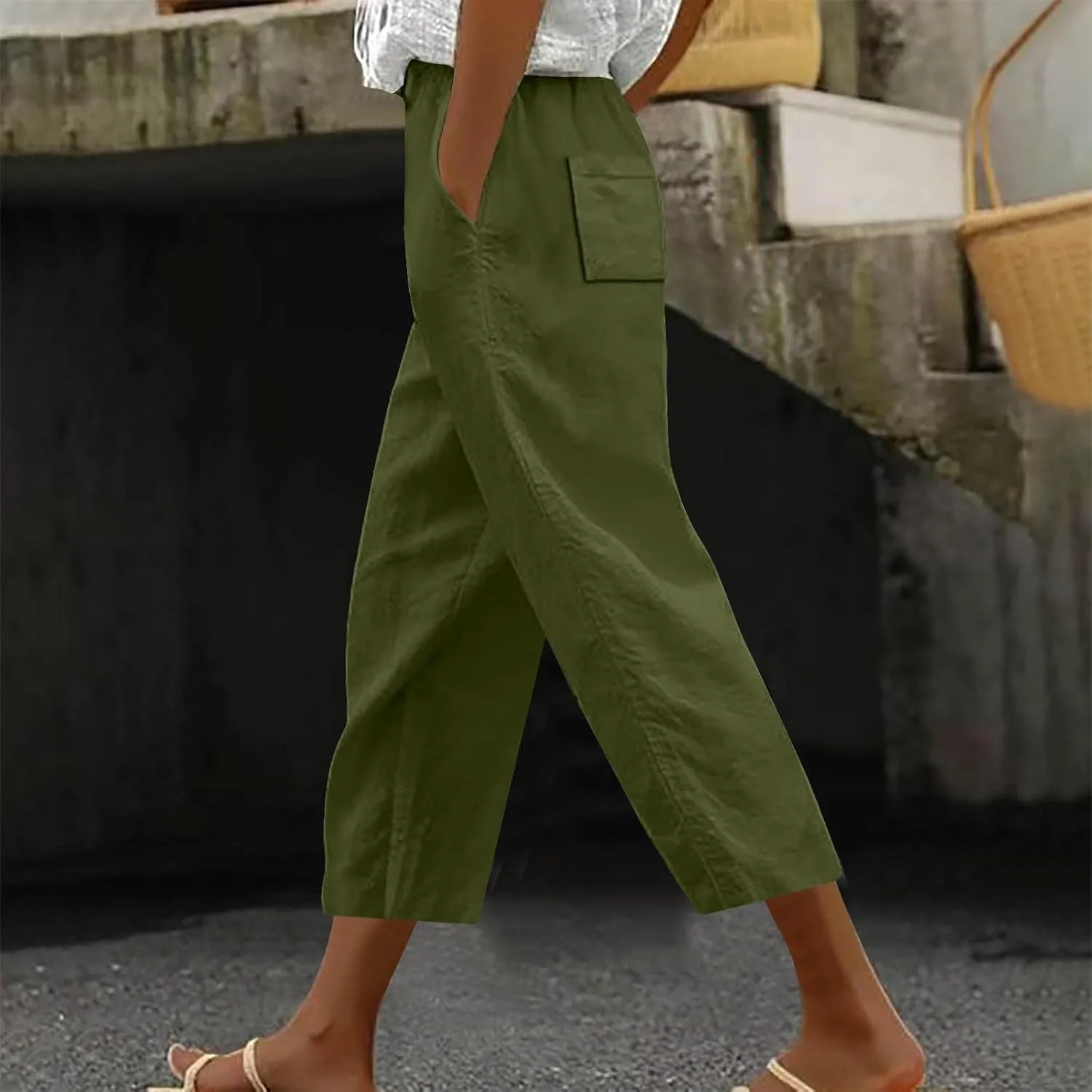 Loose Casual Harlan Pants for Women Drawstring Waist Wide Leg Lounge Pant Summer Casual Cropped Trousers with Pockets