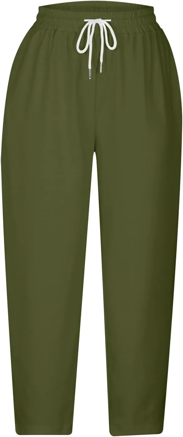 Loose Casual Harlan Pants for Women Drawstring Waist Wide Leg Lounge Pant Summer Casual Cropped Trousers with Pockets