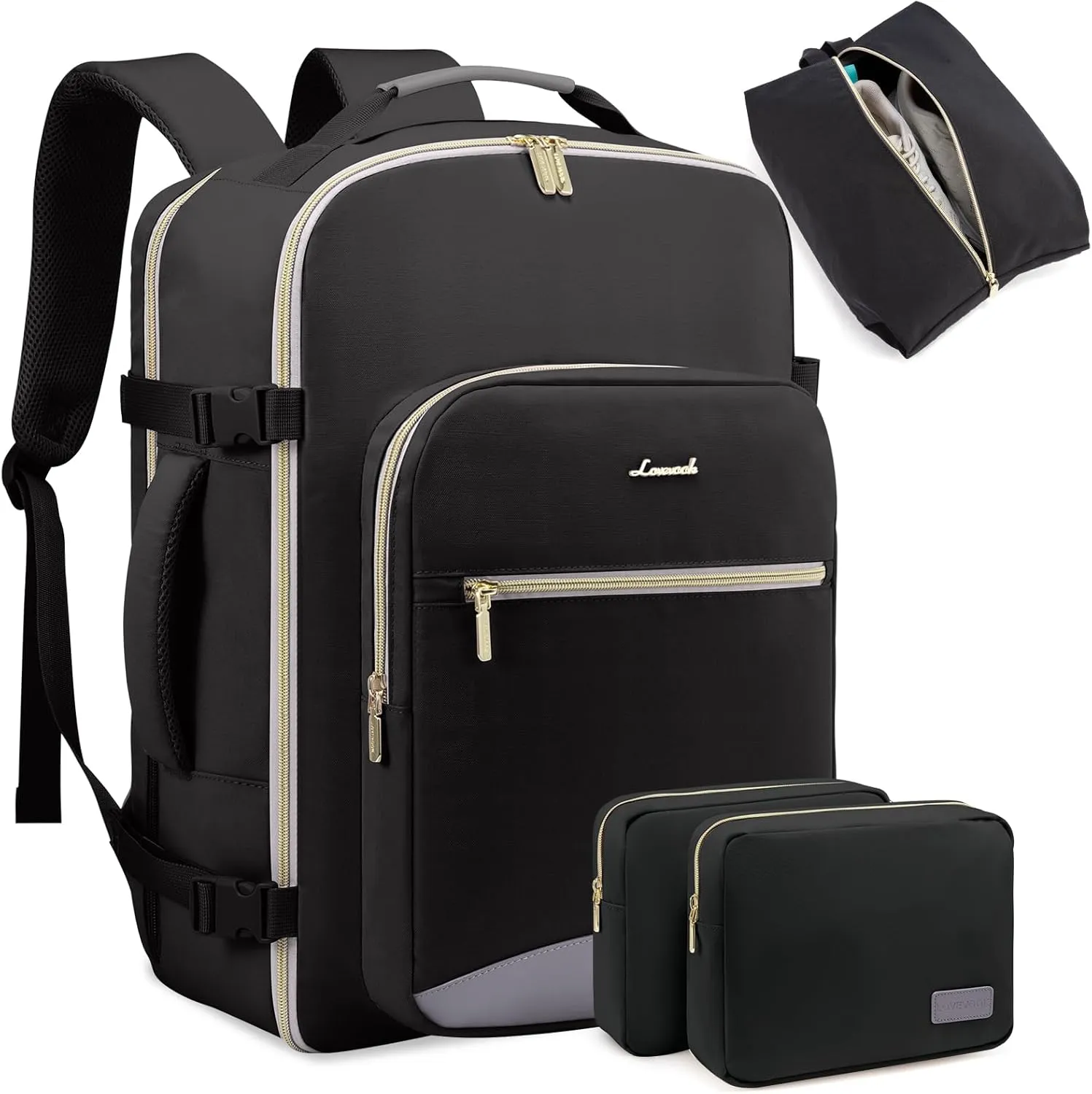 LOVEVOOK Large Travel Laptop Backpack Men&Women, 50L Flight Approved Carry On Luggage Waterproof 18inch Backpack Daypack Business Hiking Weekender Overnight Backpack with 3 Packing Cubes, Black-Grey