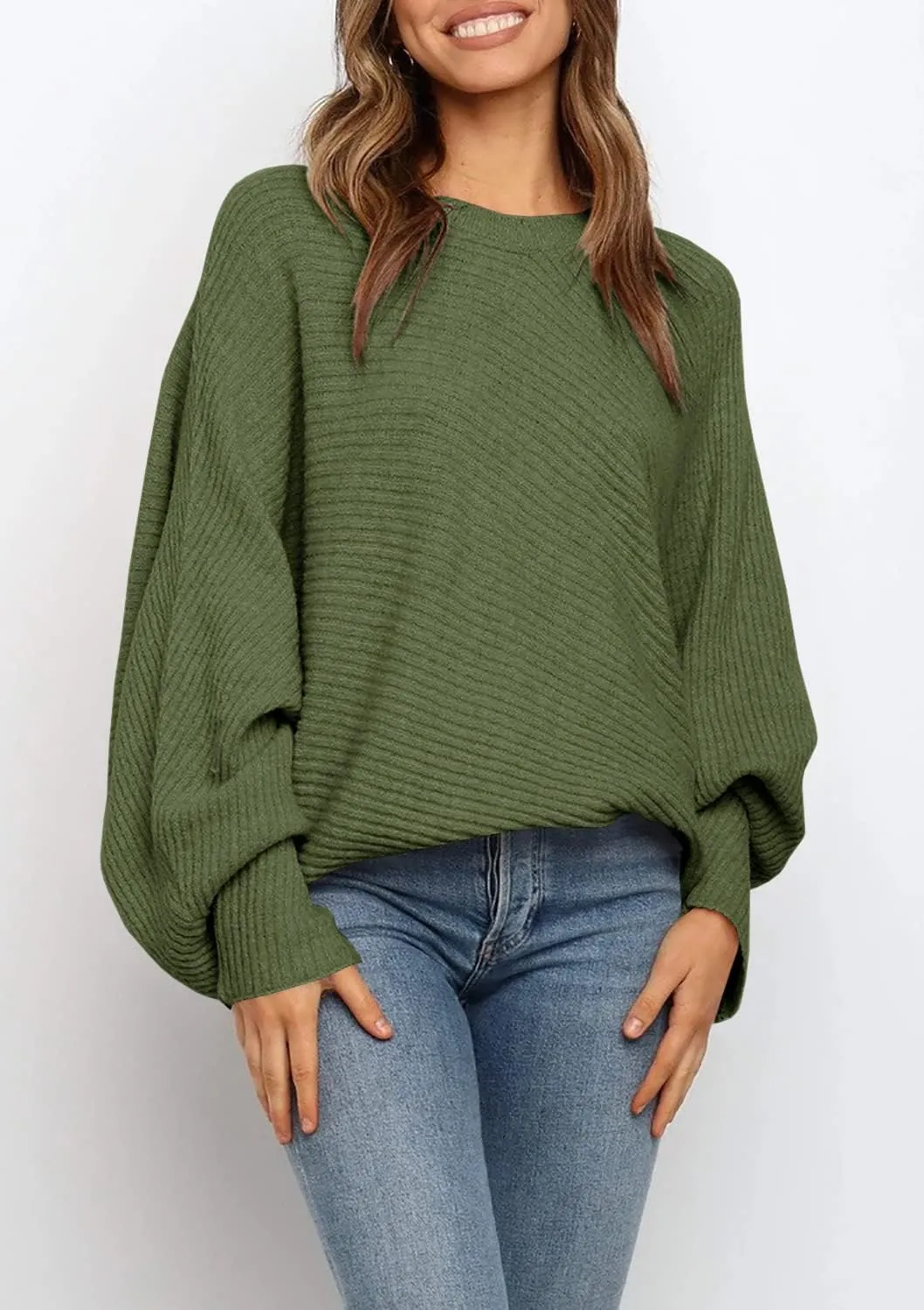 Mafulus Women's Oversized Crewneck Sweater Batwing Puff Long Sleeve Cable Slouchy Pullover Jumper Tops