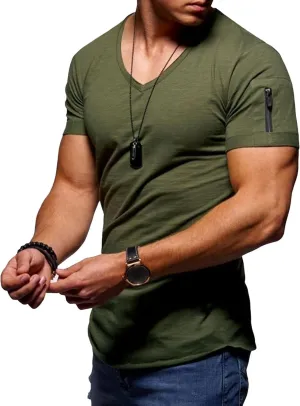 Maiyifu-GJ Men's V Neck Muscle Workout Athletic T-Shirt Bodybuilding Fashion Short Sleeve Slim Fit Zipper Tee Top