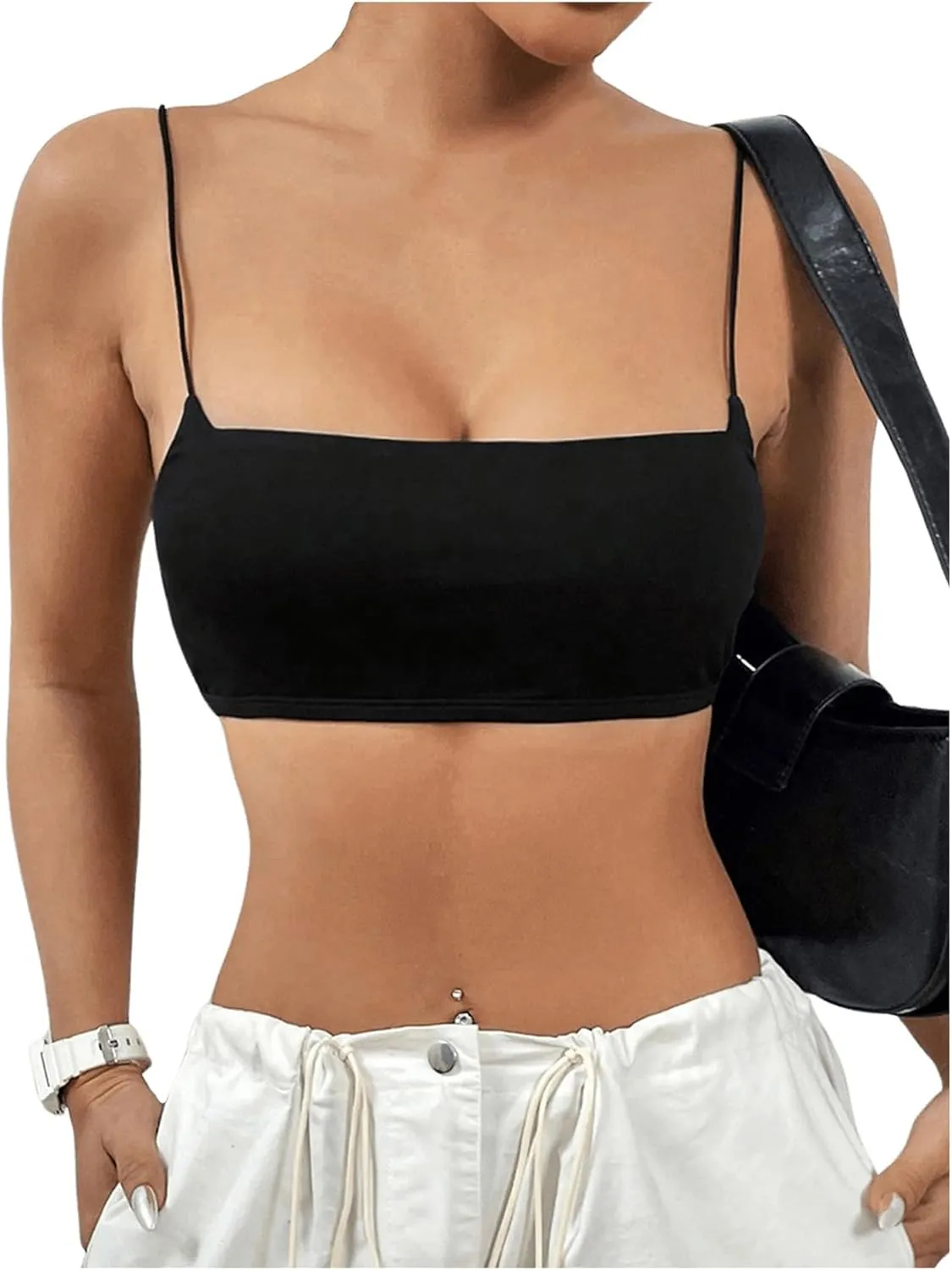 MakeMeChic Women's Basic Camisole Top Spaghetti Strap Slim Fit Bralette Summer Crop Tank Tops