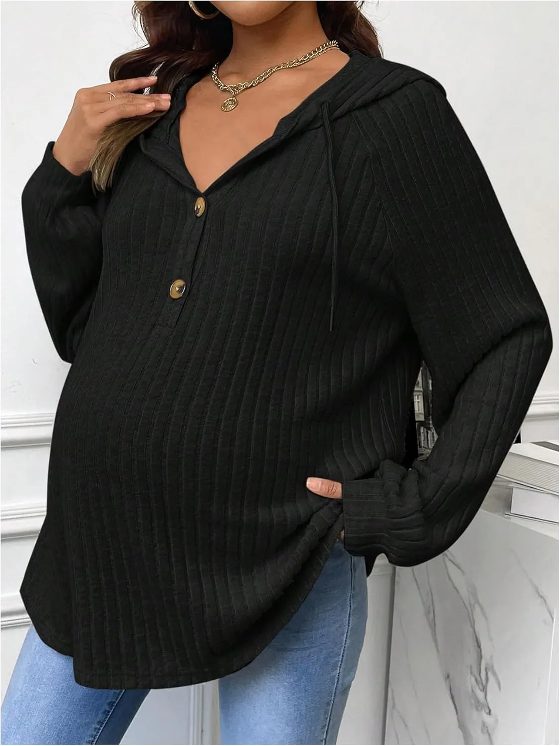 MakeMeChic Women's Maternity Sweatshirt Drawstring Button Long Sleeve Knitted Hoodie Pullover Sweater Pregnancy Tops