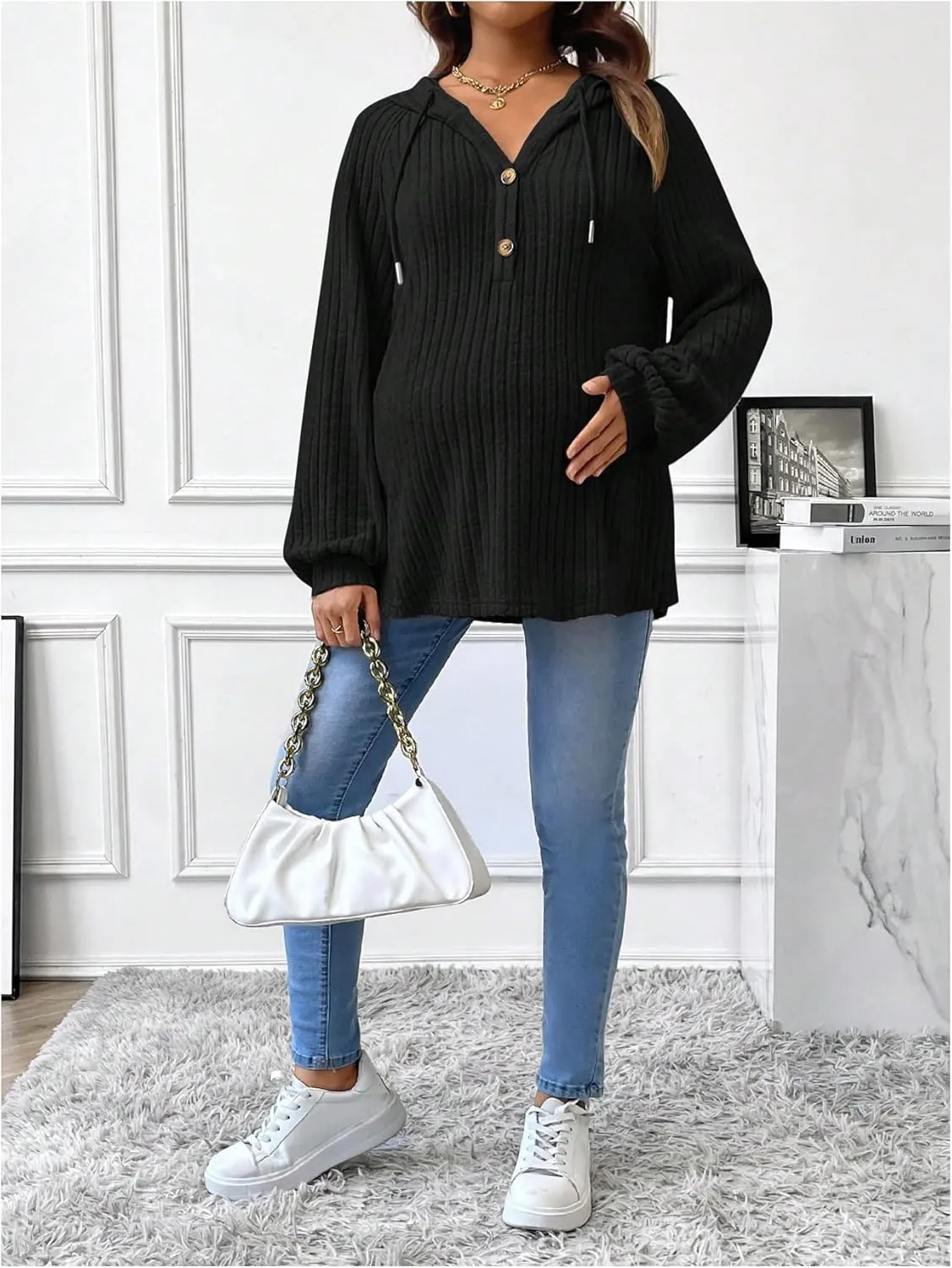 MakeMeChic Women's Maternity Sweatshirt Drawstring Button Long Sleeve Knitted Hoodie Pullover Sweater Pregnancy Tops