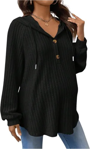 MakeMeChic Women's Maternity Sweatshirt Drawstring Button Long Sleeve Knitted Hoodie Pullover Sweater Pregnancy Tops