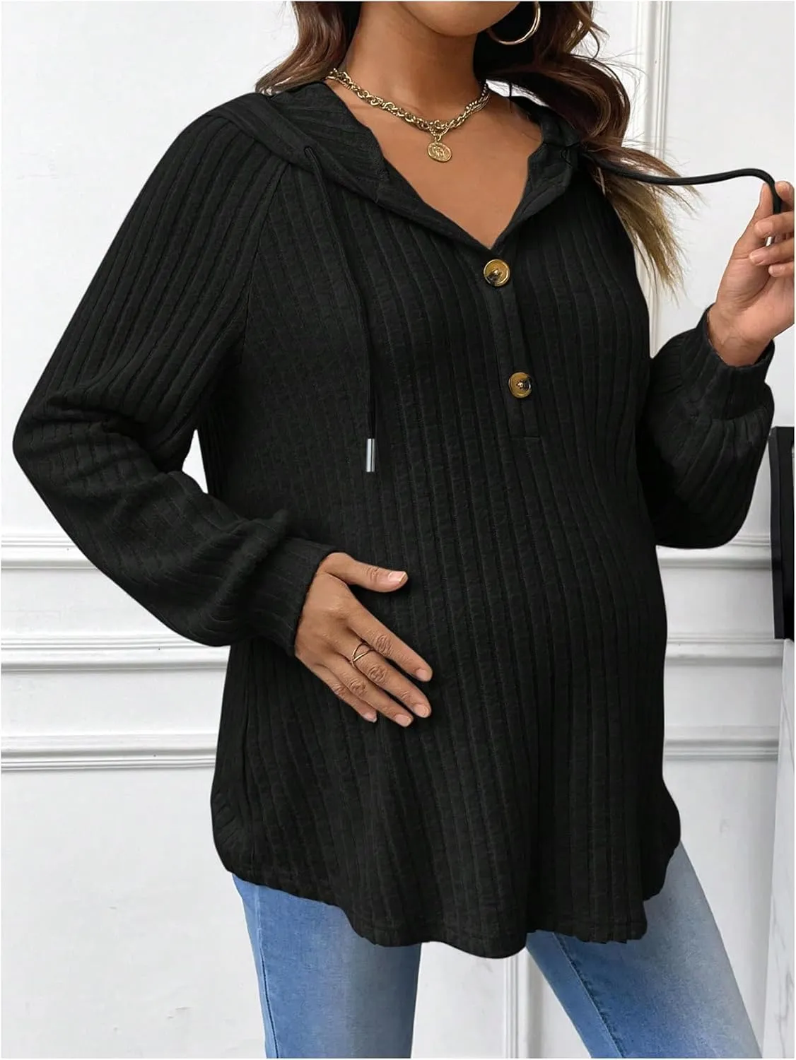 MakeMeChic Women's Maternity Sweatshirt Drawstring Button Long Sleeve Knitted Hoodie Pullover Sweater Pregnancy Tops