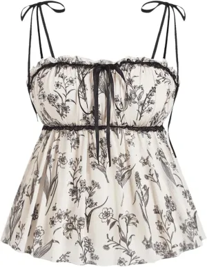 MakeMeChic Women's Plus Size Camisole Floral Print Spaghetti Strap Ruffle Summer Shirt Cami Tops