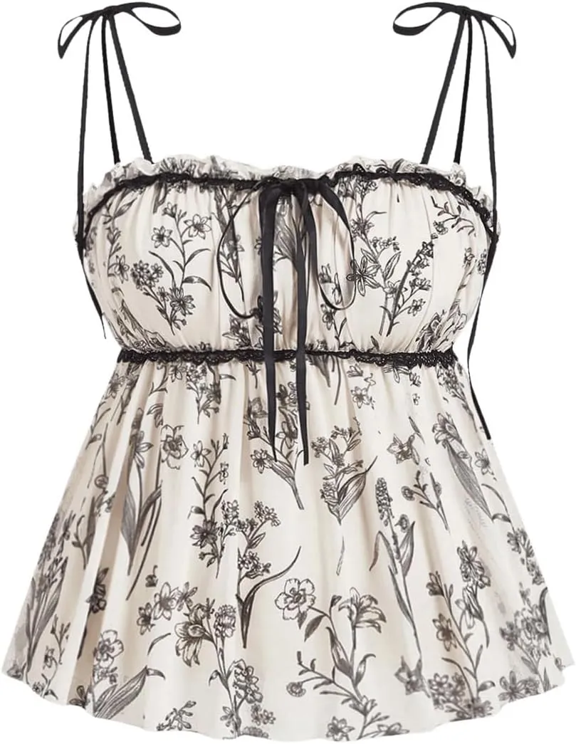 MakeMeChic Women's Plus Size Camisole Floral Print Spaghetti Strap Ruffle Summer Shirt Cami Tops