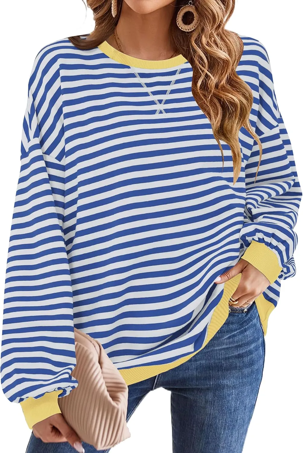 Mansy Women Oversized Striped Color Block Long Sleeve Crew Neck Sweatshirt for Teen Girls Pullover Y2K Shirt Tops 2024