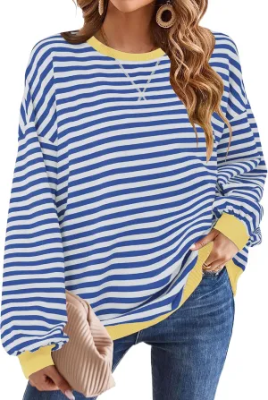 Mansy Women Oversized Striped Color Block Long Sleeve Crew Neck Sweatshirt for Teen Girls Pullover Y2K Shirt Tops 2024