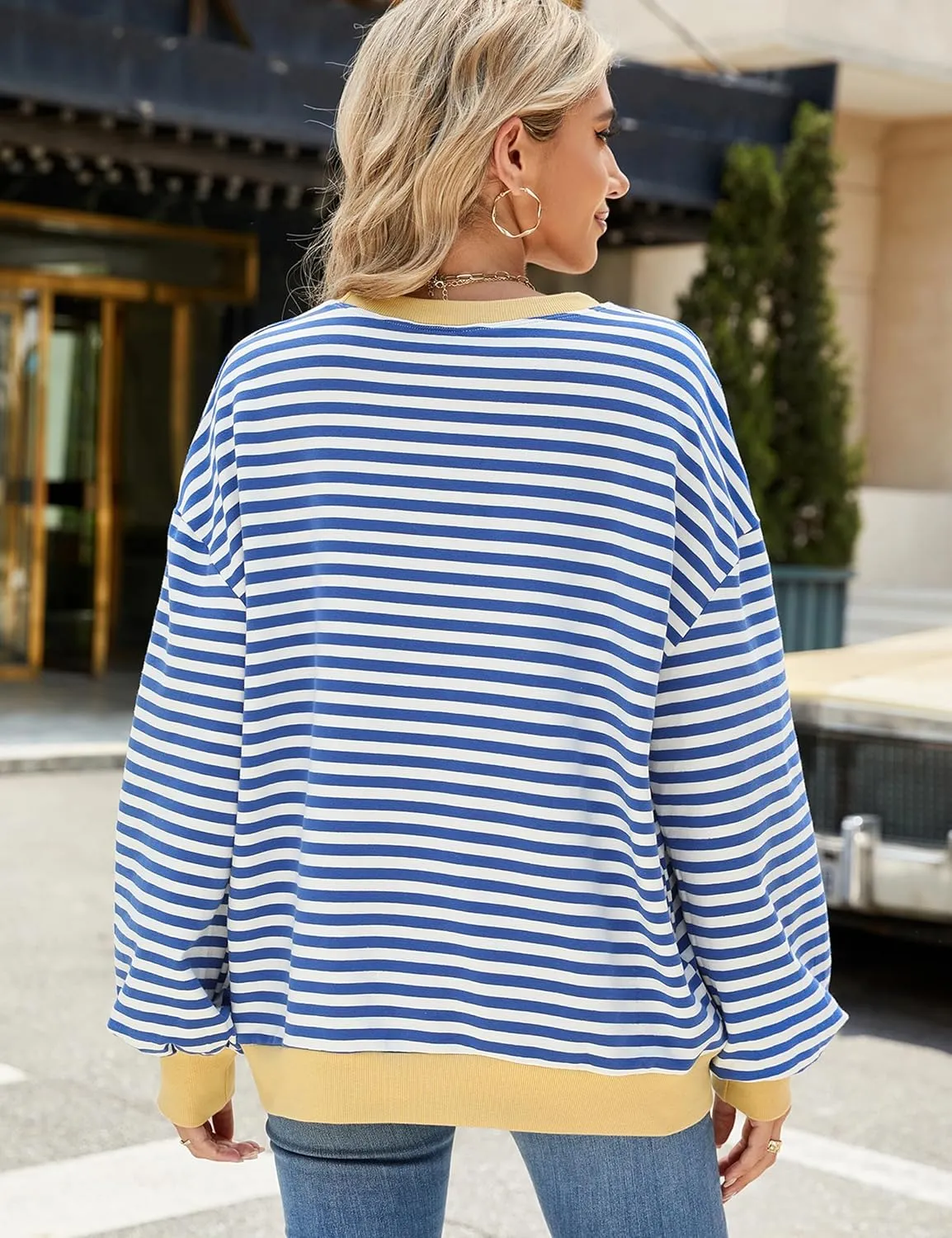 Mansy Women Oversized Striped Color Block Long Sleeve Crew Neck Sweatshirt for Teen Girls Pullover Y2K Shirt Tops 2024