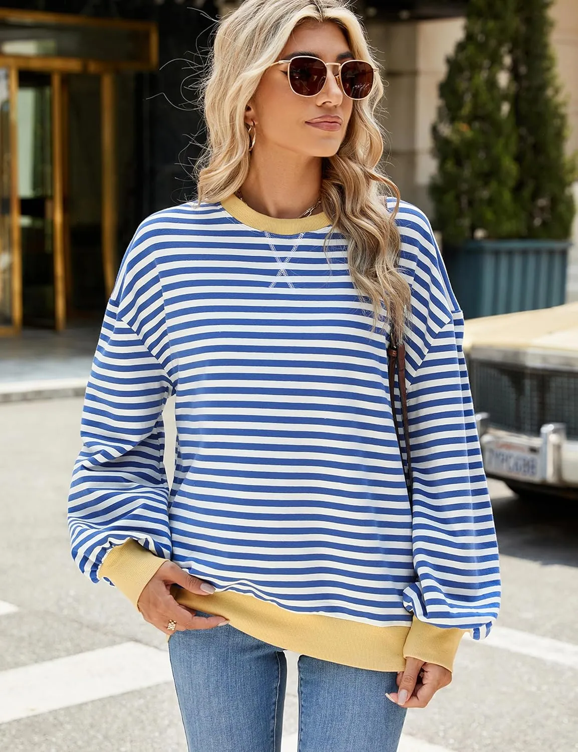 Mansy Women Oversized Striped Color Block Long Sleeve Crew Neck Sweatshirt for Teen Girls Pullover Y2K Shirt Tops 2024