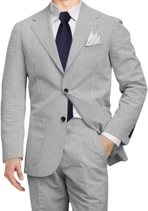 Men 2 Pieces Summer Seersucker Suits Beach Wedding Suits Grooms Slim Fit Striped Blazer