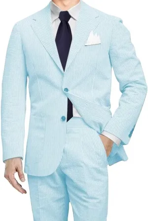 Men 2 Pieces Summer Seersucker Suits Beach Wedding Suits Grooms Slim Fit Striped Blazer