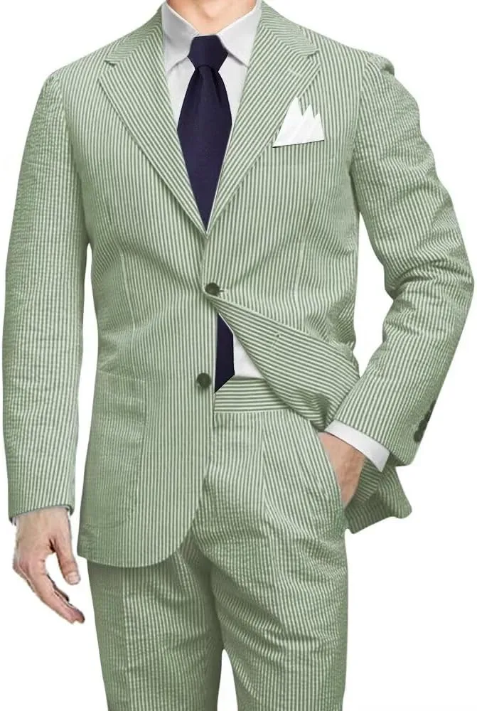 Men 2 Pieces Summer Seersucker Suits Beach Wedding Suits Grooms Slim Fit Striped Blazer