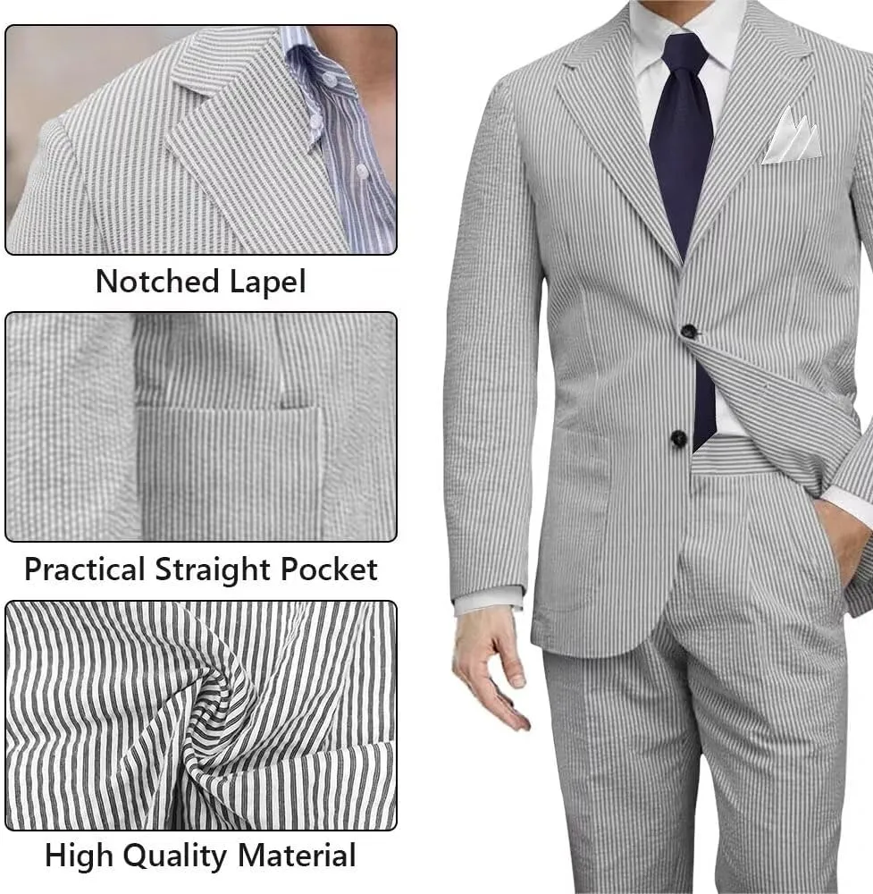 Men 2 Pieces Summer Seersucker Suits Beach Wedding Suits Grooms Slim Fit Striped Blazer