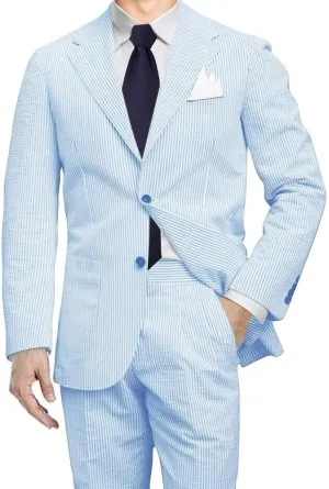 Men 2 Pieces Summer Seersucker Suits Beach Wedding Suits Grooms Slim Fit Striped Blazer