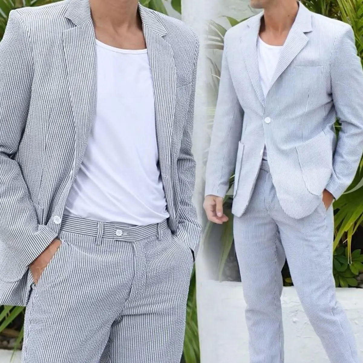 Men 2 Pieces Summer Seersucker Suits Beach Wedding Suits Grooms Slim Fit Striped Blazer