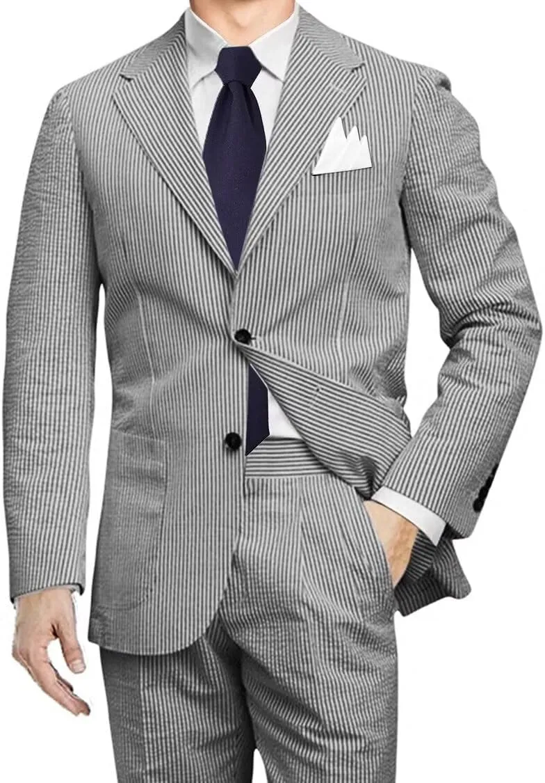 Men 2 Pieces Summer Seersucker Suits Beach Wedding Suits Grooms Slim Fit Striped Blazer