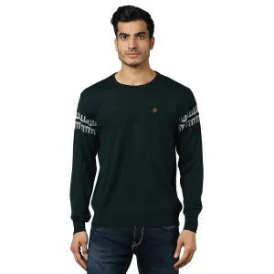 Men Green Structure Self Acrylic Wool Blend Round Collar Sweaters