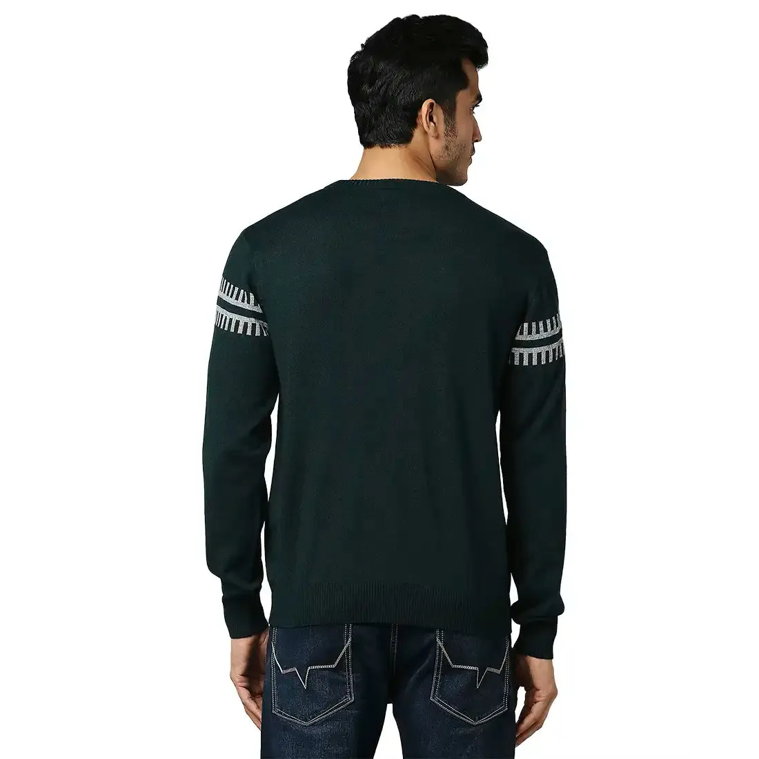Men Green Structure Self Acrylic Wool Blend Round Collar Sweaters
