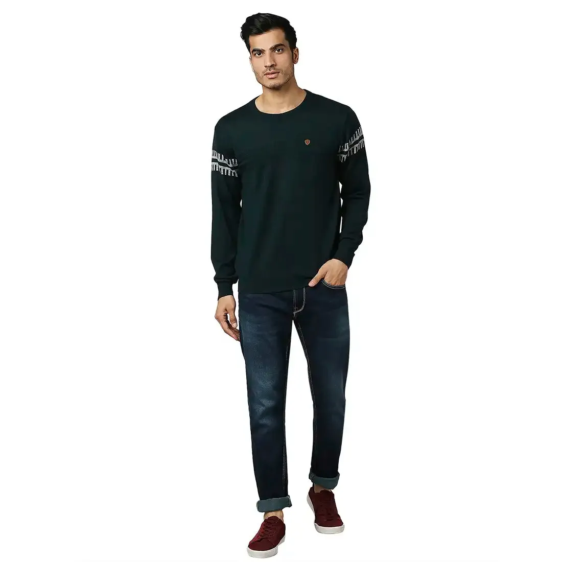 Men Green Structure Self Acrylic Wool Blend Round Collar Sweaters