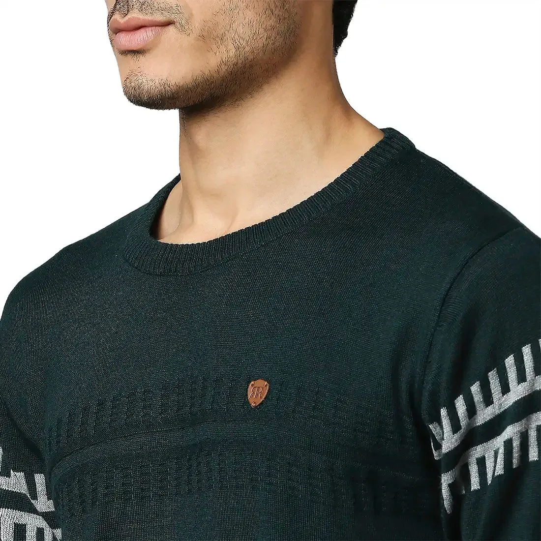 Men Green Structure Self Acrylic Wool Blend Round Collar Sweaters